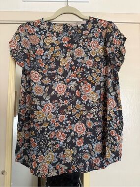 LOFT Navy Floral Ruffle-Sleeve Blouse